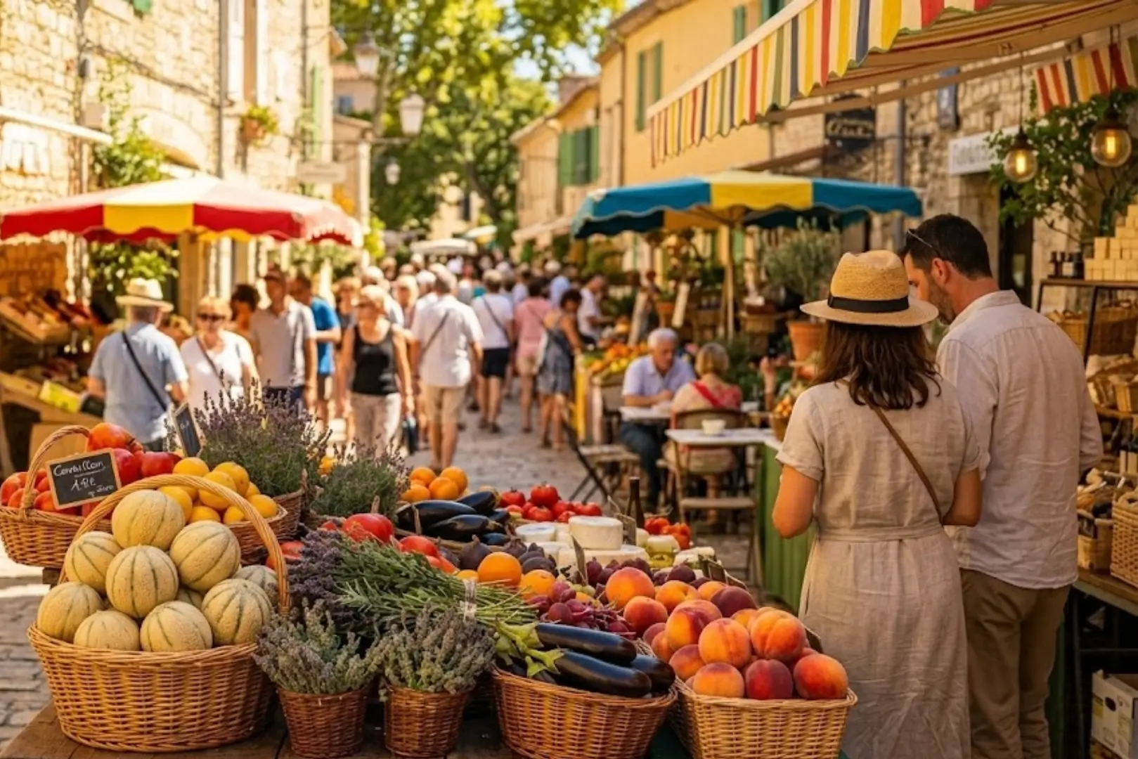 Allée animée d'un marché provençal typique avec étals de fruits et légumes et passants sous le soleil du Luberon.