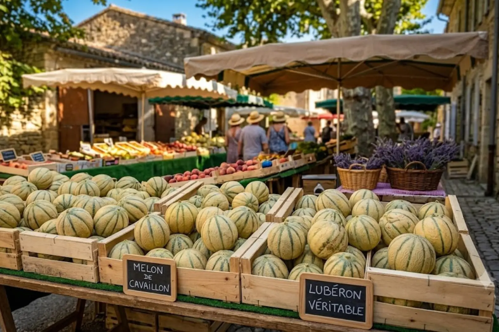Étals de marché avec cagettes en bois remplies de melons locaux et bouquets de lavande, village du Luberon.