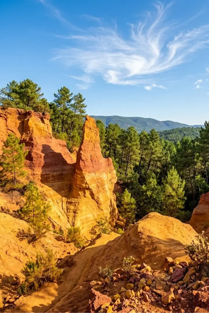 Falaises d'ocre entre les pins, aux abords de Roussillon dans le Luberon