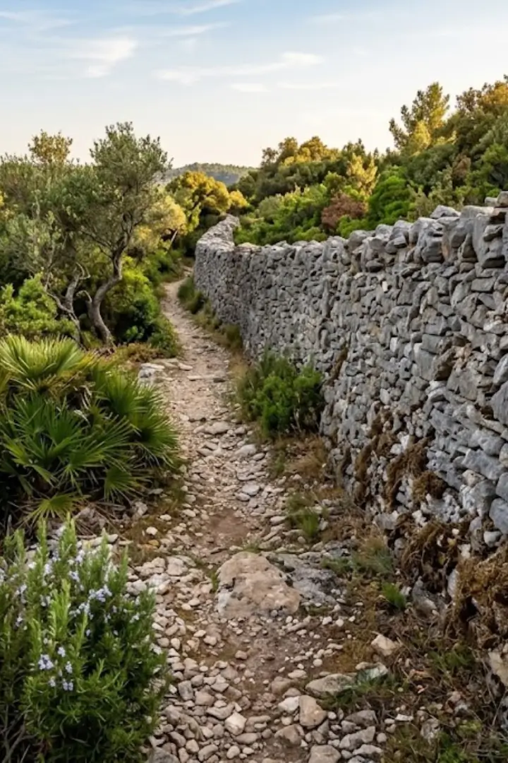 Sentier balisé longeant le mur de la Peste à Cabrières-d'Avignon, dans le Luberon