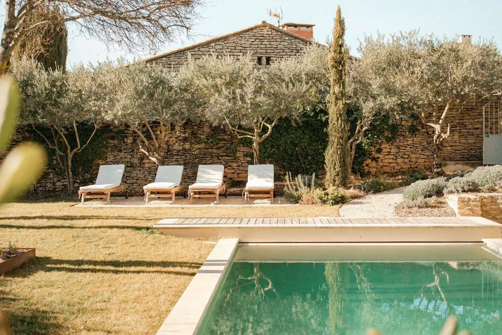 Piscine et quatre transats blancs alignés sous des oliviers, devant un mur en pierre sèche et une maison de pierre